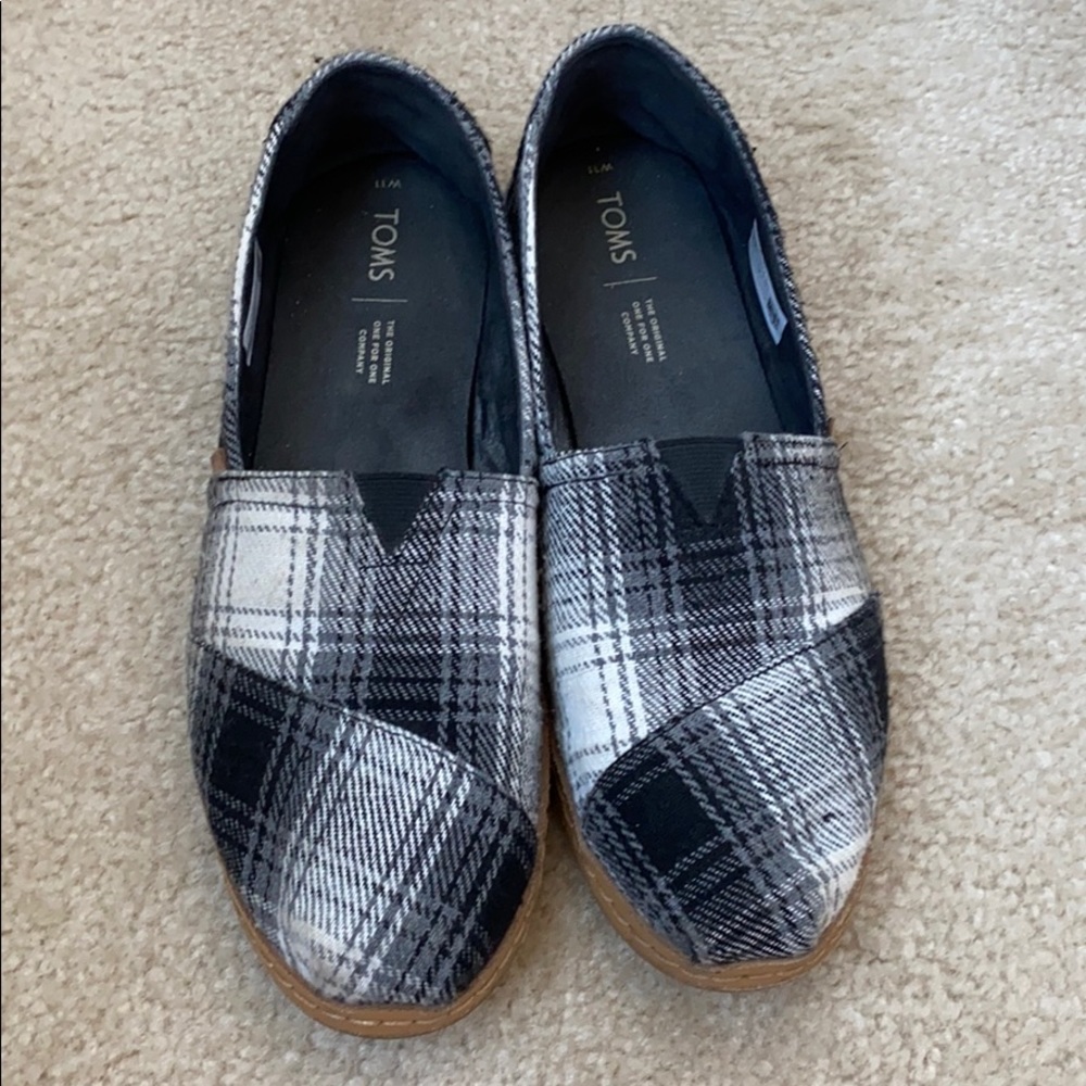 Toms | Women’s Black and White Plaid Slip On Shoes